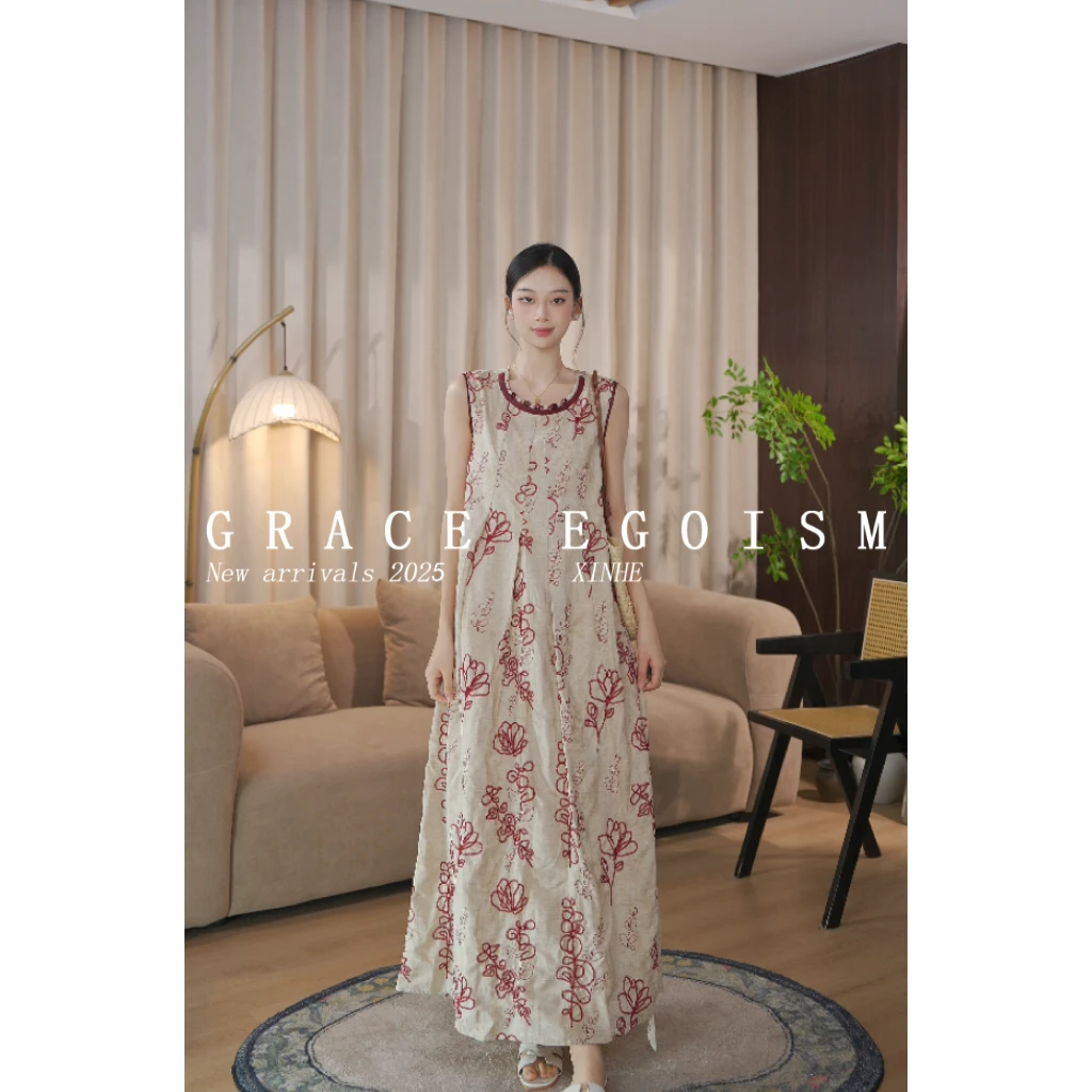 金禾【花绣吟】折扣夏款高定100亚麻国风中式重工刺绣连衣裙3512