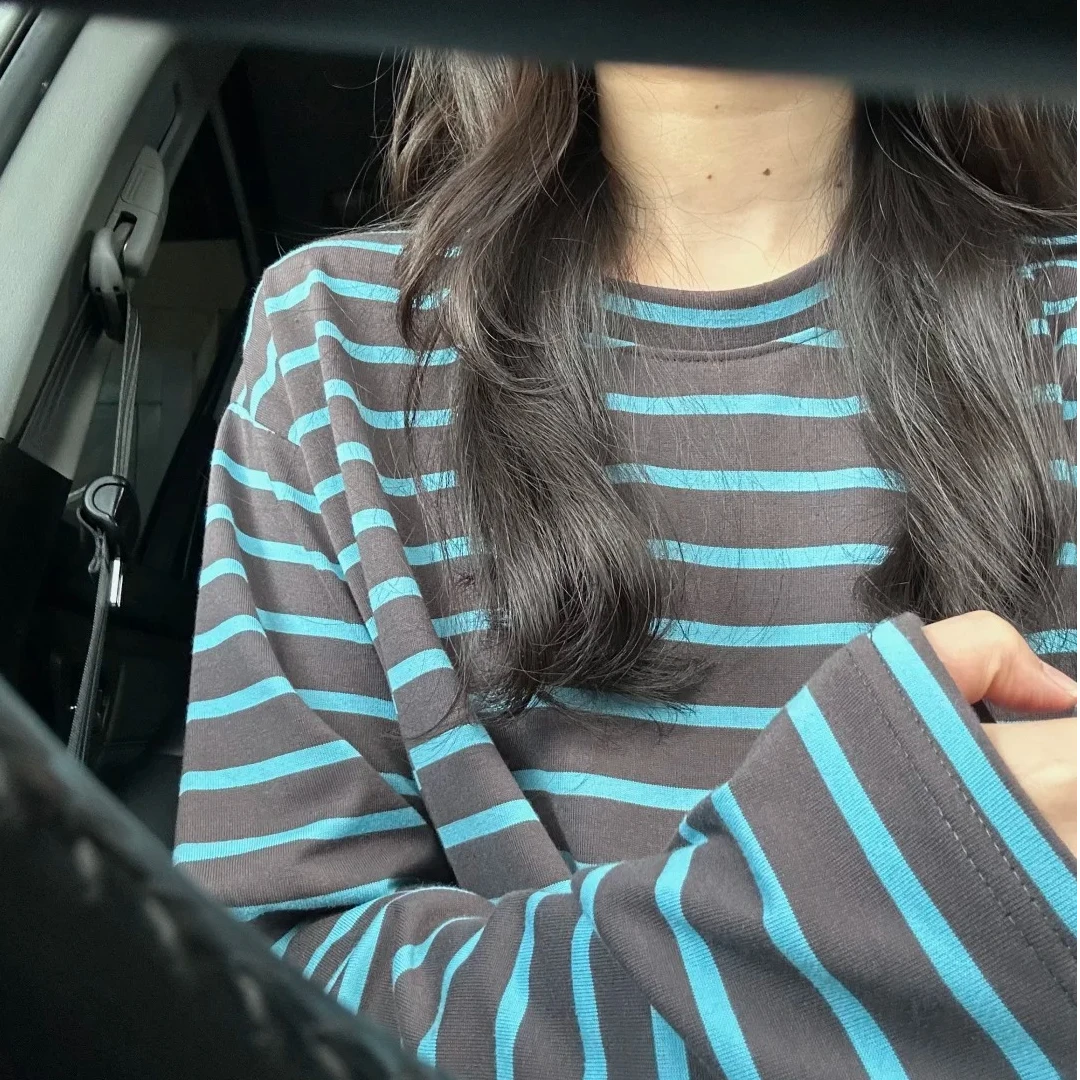 日系简约圆领条纹长袖T恤女2025秋季新款宽松休闲通勤百搭上衣