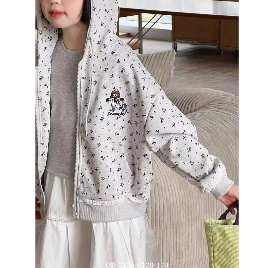 【豪宝贝】2025春款灰底小碎花女孩甜美卫衣开衫外套5136