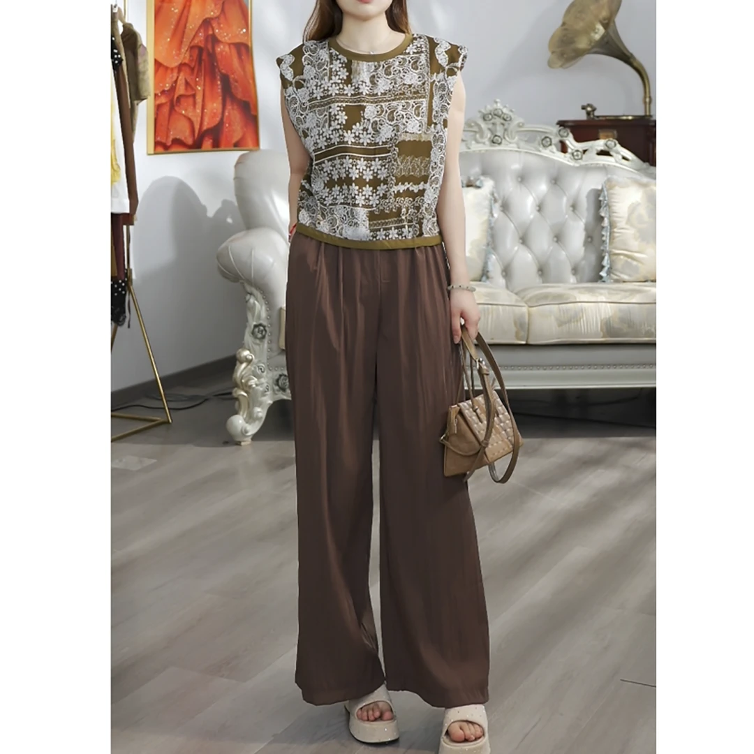 无印心匠D67588-1  复古印花无袖&上衣搭配松紧腰阔腿裤套装K155