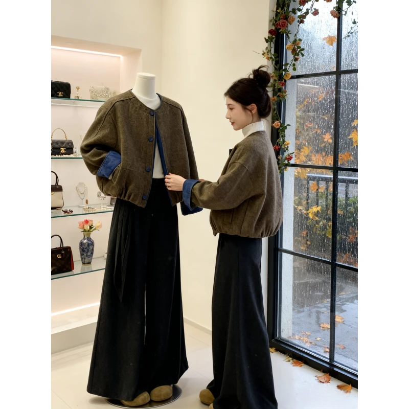 巨好看系松弛感慵懒风穿搭一整套早秋新款拼色短外套上衣阔腿裤