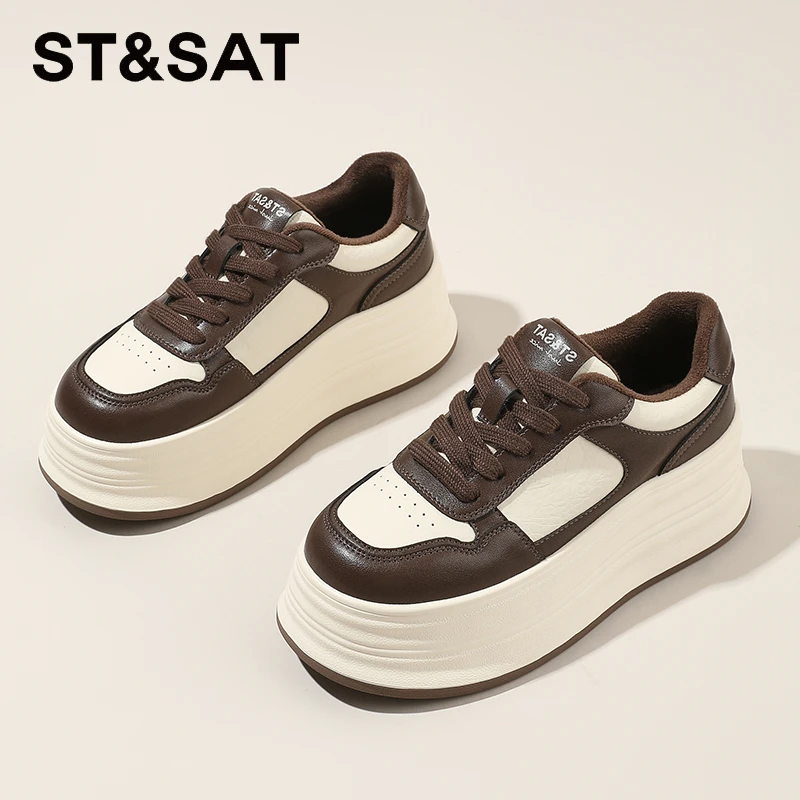 星期六真皮6CM厚底休闲板鞋女2025爆款冬季加绒运动鞋时尚松糕鞋