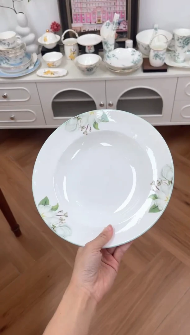 瓷片山茶花高骨骨瓷2个9寸盘