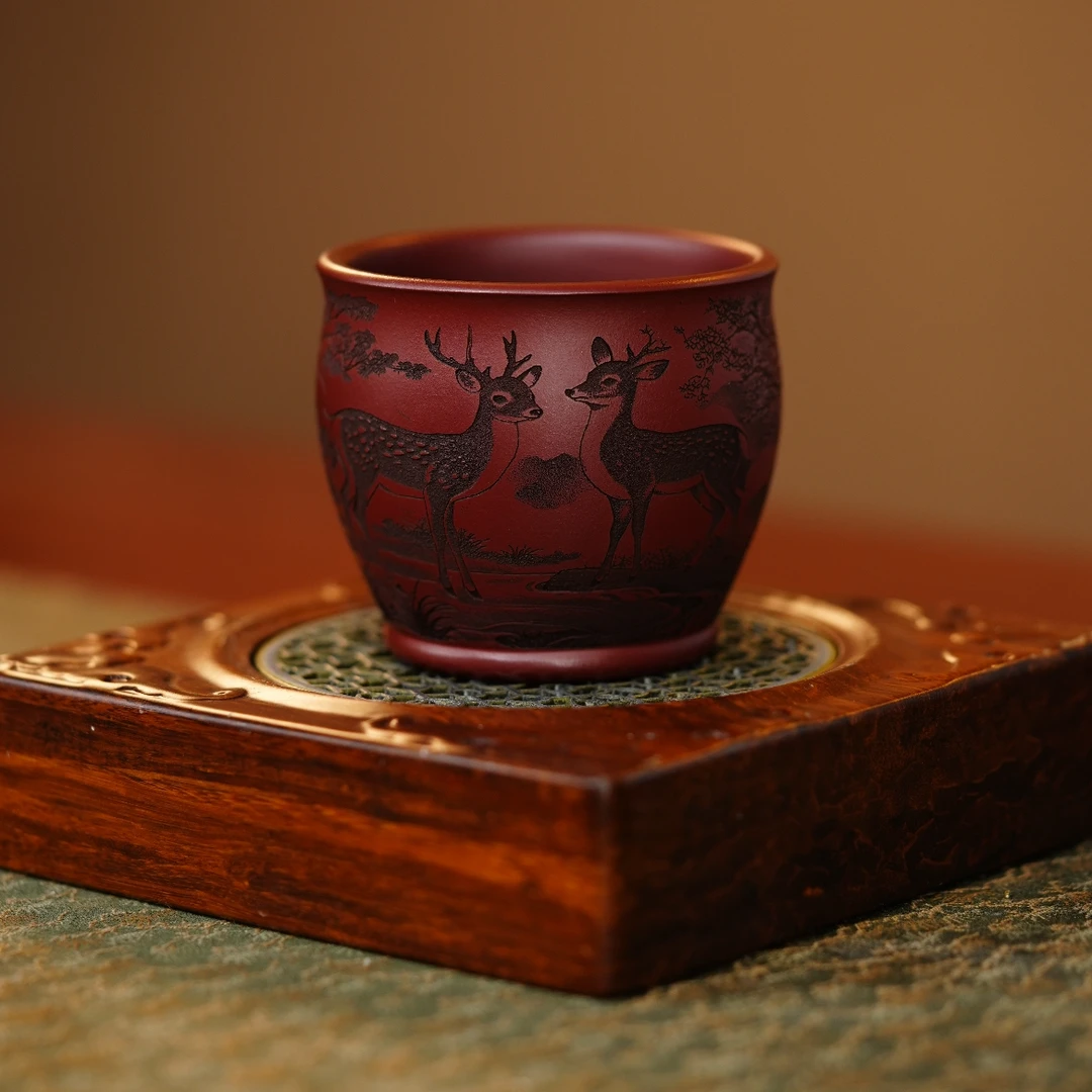 【龙血砂鹿鹿通】宜兴原矿紫砂高温紫砂龙血砂满刻鹿鹿通家用主人杯