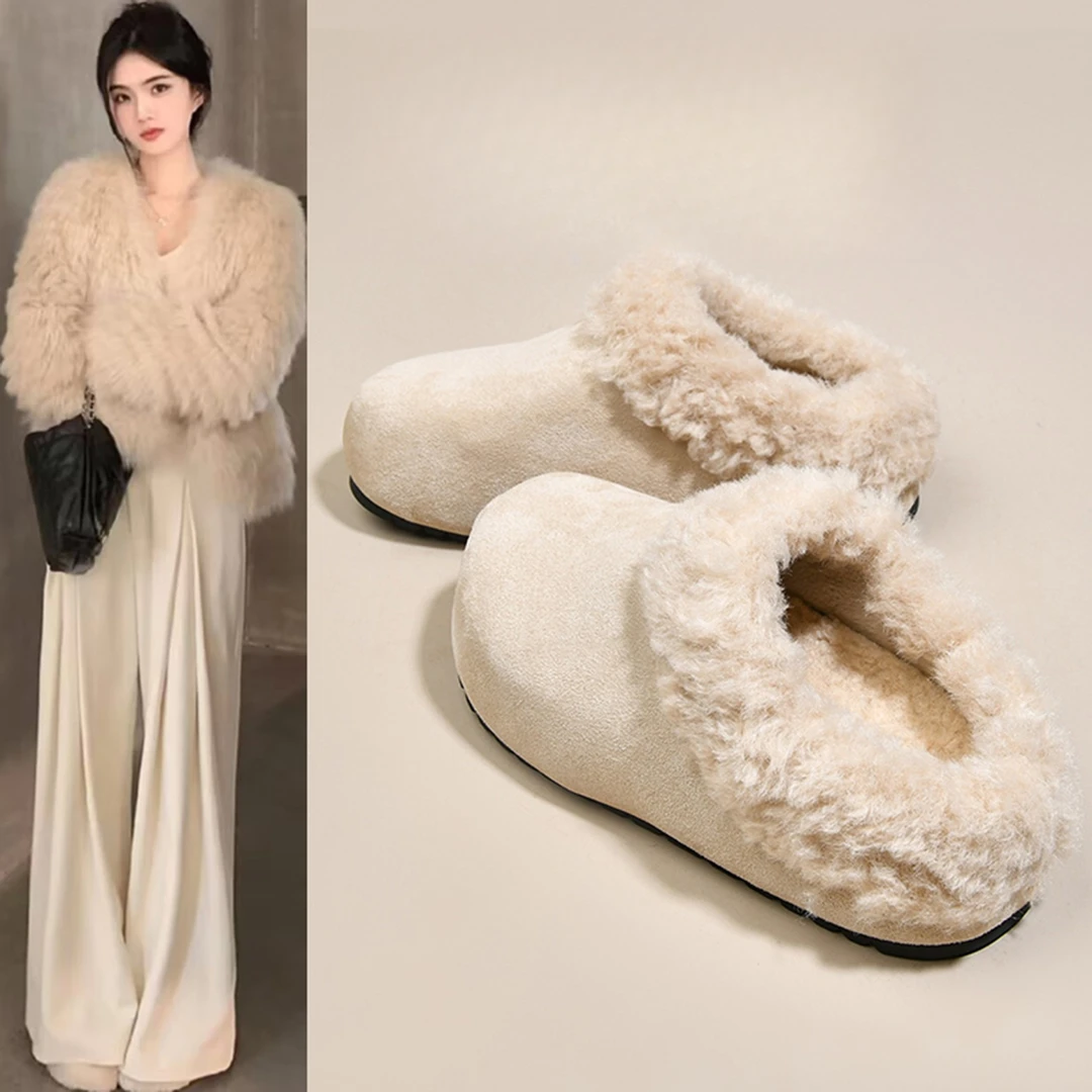 厚底增高加绒勃肯鞋一脚蹬半拖毛毛拖鞋女冬季外穿2025新款棉拖鞋