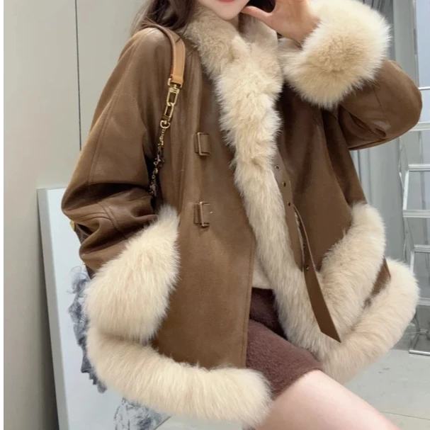 【白鸭绒内胆】麂皮绒外套长袖拼接保暖千金风秋冬皮草外套羽绒服