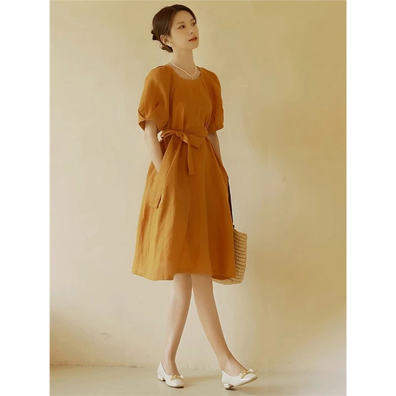 法式优雅气质名媛连衣裙女夏季收腰系带显瘦圆领泡泡袖A字裙