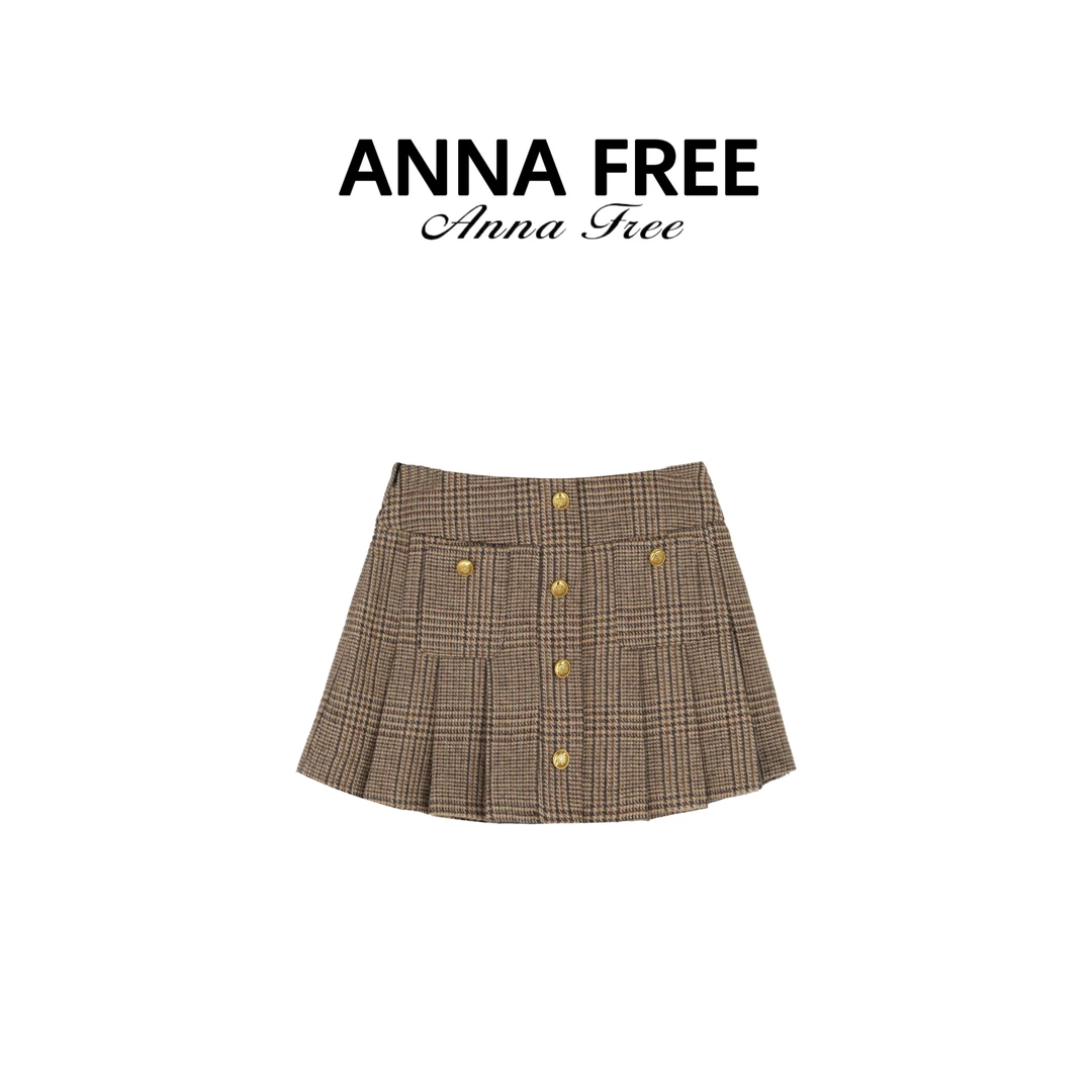 ANNA FREE 千鸟格短裙秋冬半身裙A字复古常规百褶裙ZCS24779