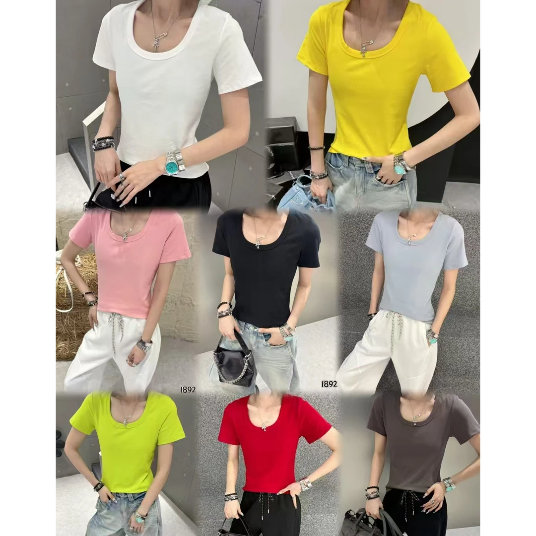 1892.U型 领正肩修身短袖t恤女早春新款