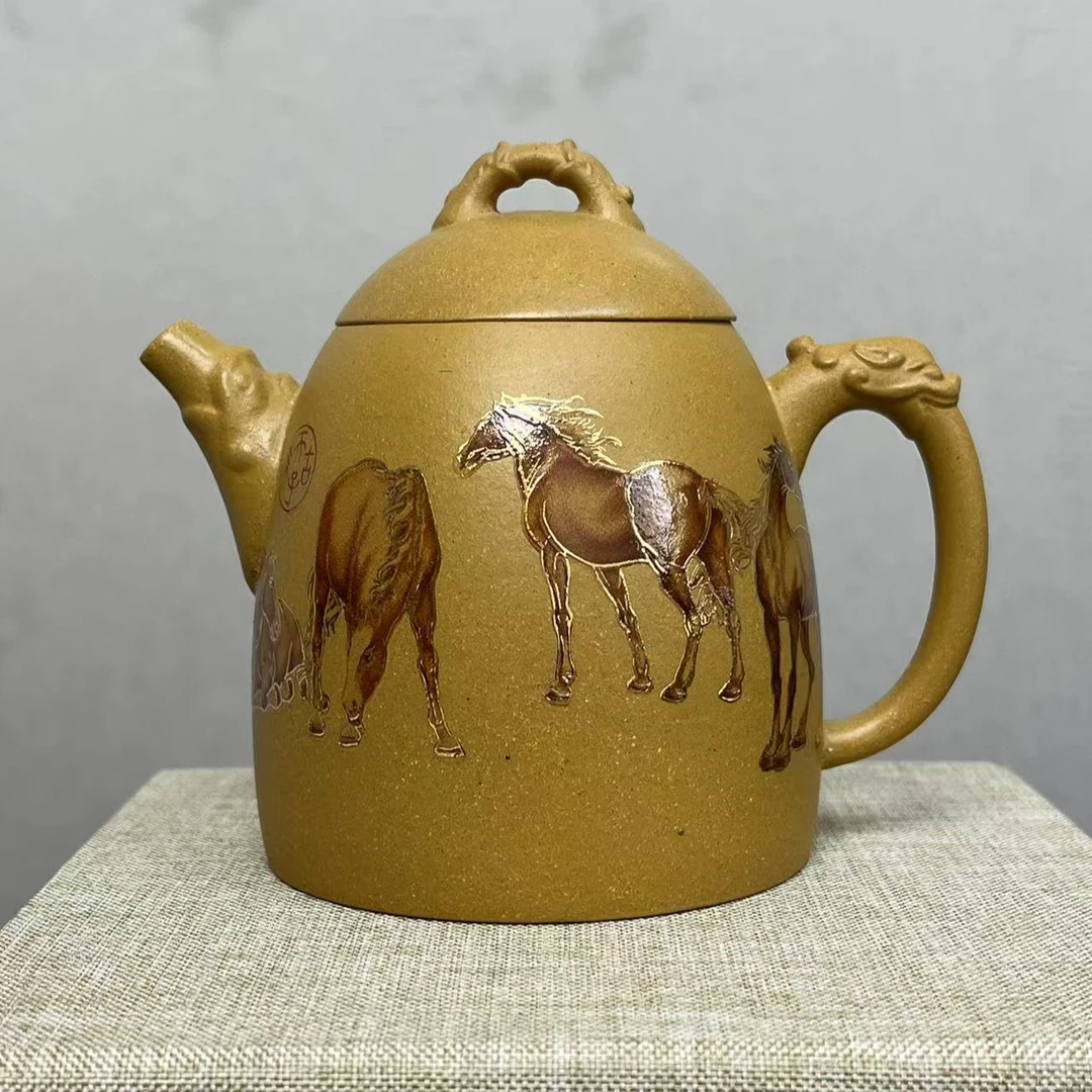 宜兴原矿紫砂段八骏图秦权紫砂壶200cc