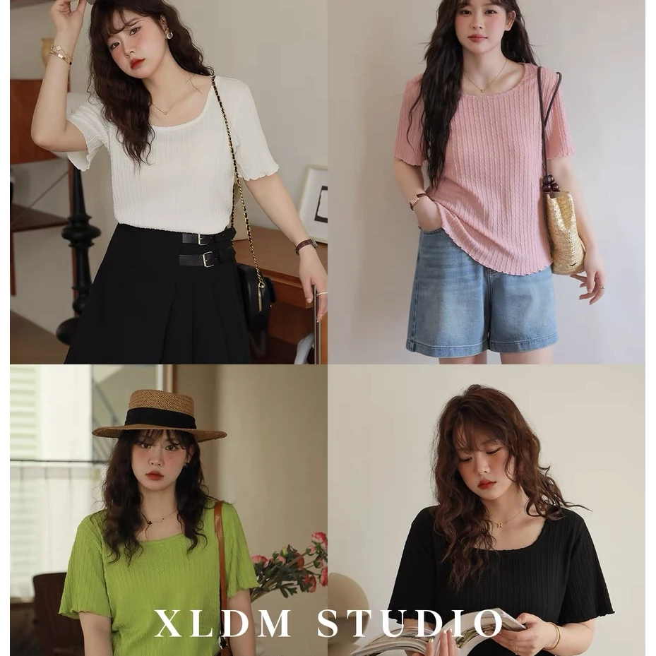 自制大码女装 肌理感斜针提花3色糯米薄款胖mm夏季短袖T恤1X60186