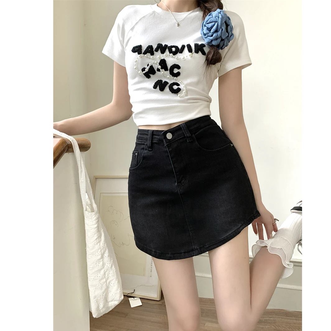 黑色牛仔短裙女夏季新款高腰a字裙胖mm梨形身材包臀短裙