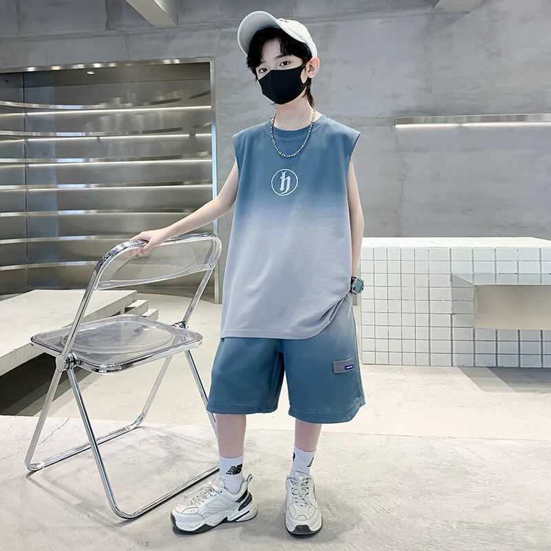 MK&UR.BV儿童夏装运动套装男童12-15岁短裤2夏季无袖薄款背心酷帅