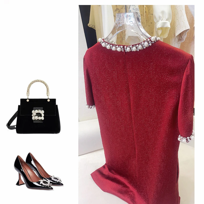 三醋酸气质连衣裙高级感2025年夏季新款重工镶钻高贵连衣裙