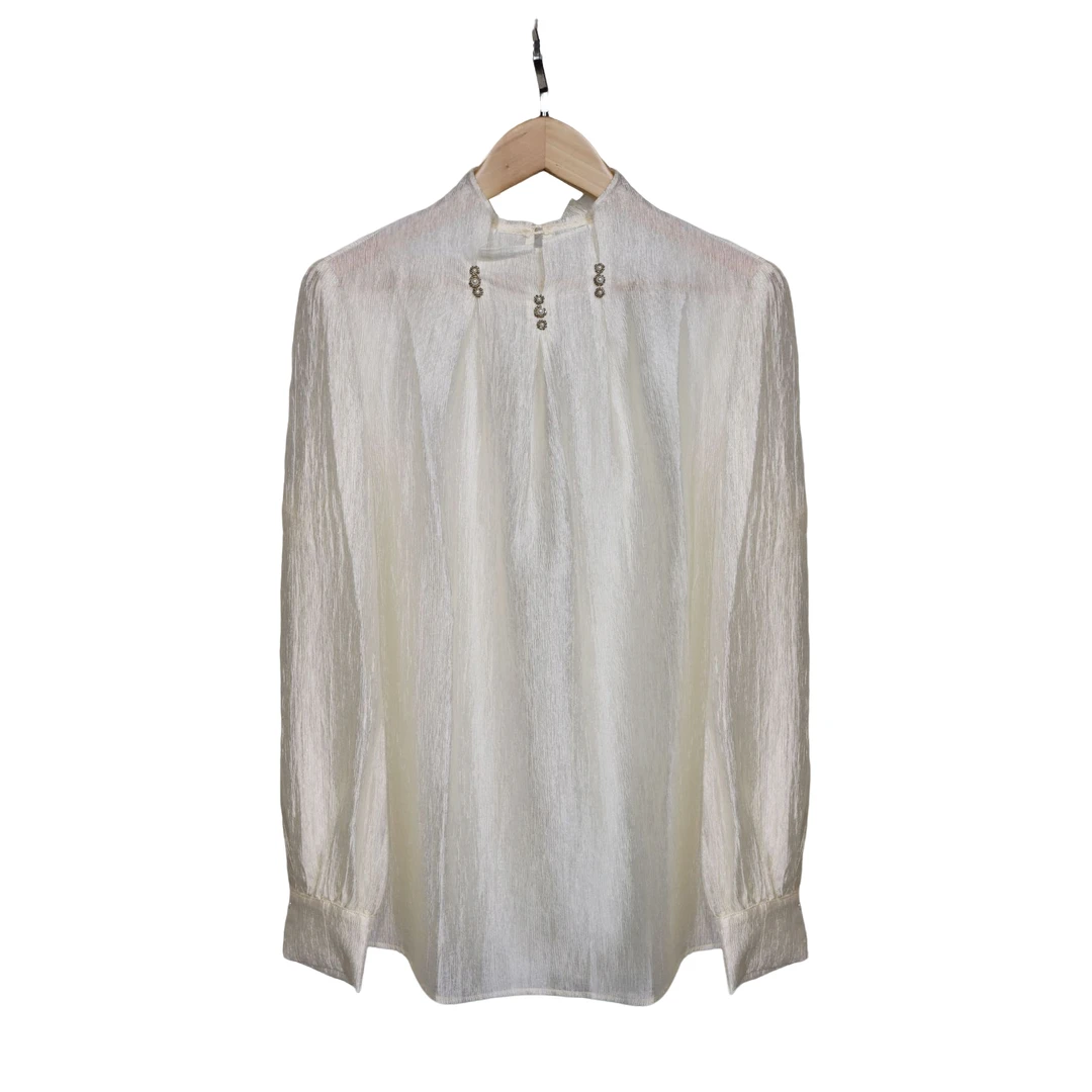 春秋季INS风荷叶领衬衫半高领杏色醋酸小衫上衣气质百搭宽松女