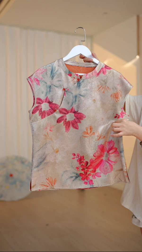 【如意】新中式印花短袖衬衫女2024薄款夏季洋气别致小衫桑蚕丝上衣