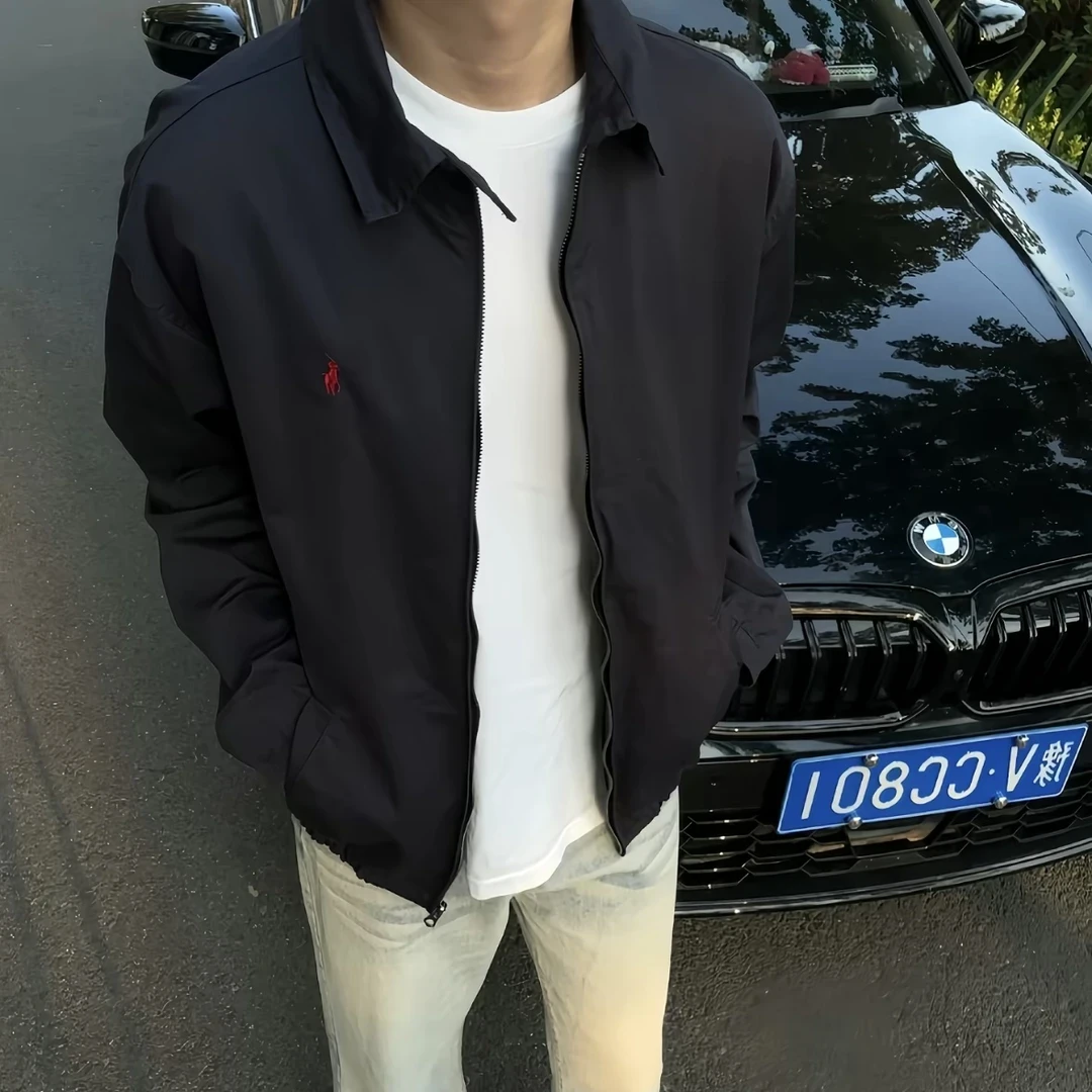 小马标男士翻领外套复古刺绣美式RL拉夫经典男女春秋立领休闲夹克