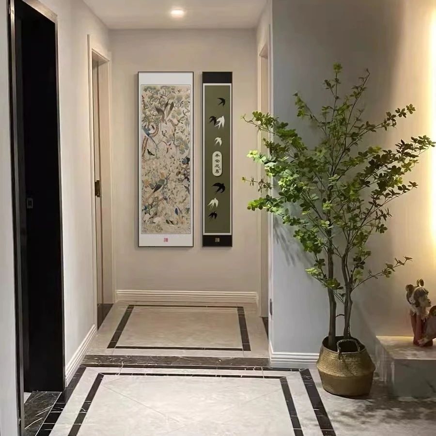 中古风美拉德玄关装饰画法式复古竖版两联挂画花鸟入户正对门壁画