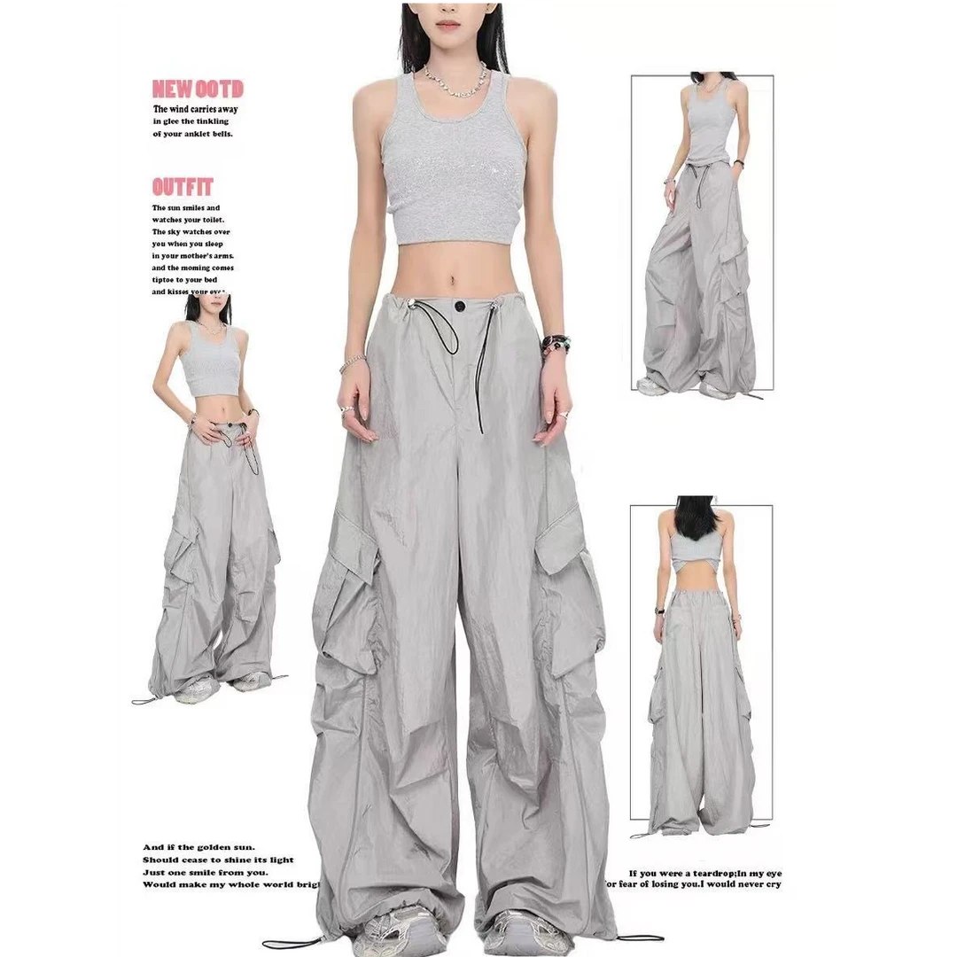 美式高街复古裤子女秋冬新款松紧腰宽松镰刀裤束脚工装阔腿休闲裤