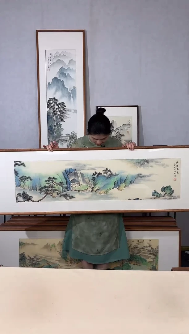国画手绘*溪亭听泉*52*172cm带框发货