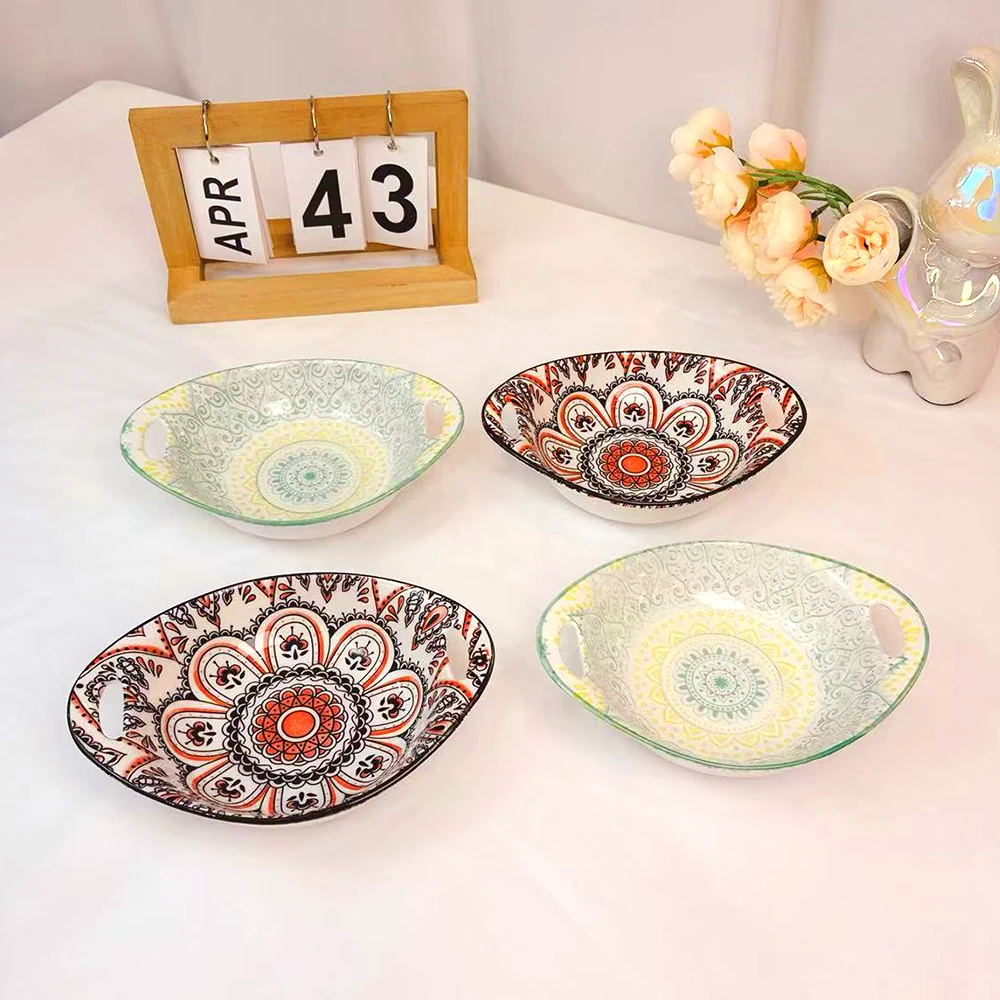 波西米亚风圆形双耳碗水果碗小碗家用陶瓷轻奢高颜值手绘釉下彩