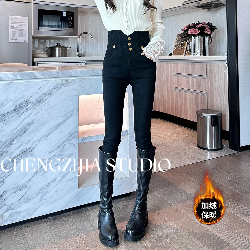 橙子·studio 【腿精秘籍】KZ0214高腰加绒小脚铅笔裤