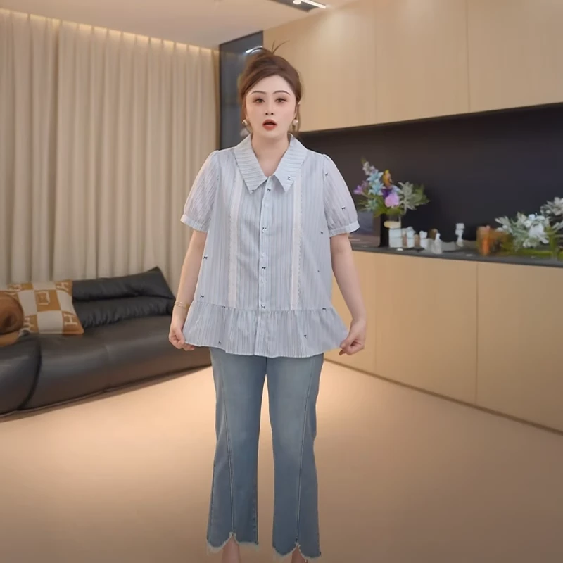 胖佳佳大码女装学院风条纹短袖衬衫女夏季胖mm减龄巨百搭正肩衬衣