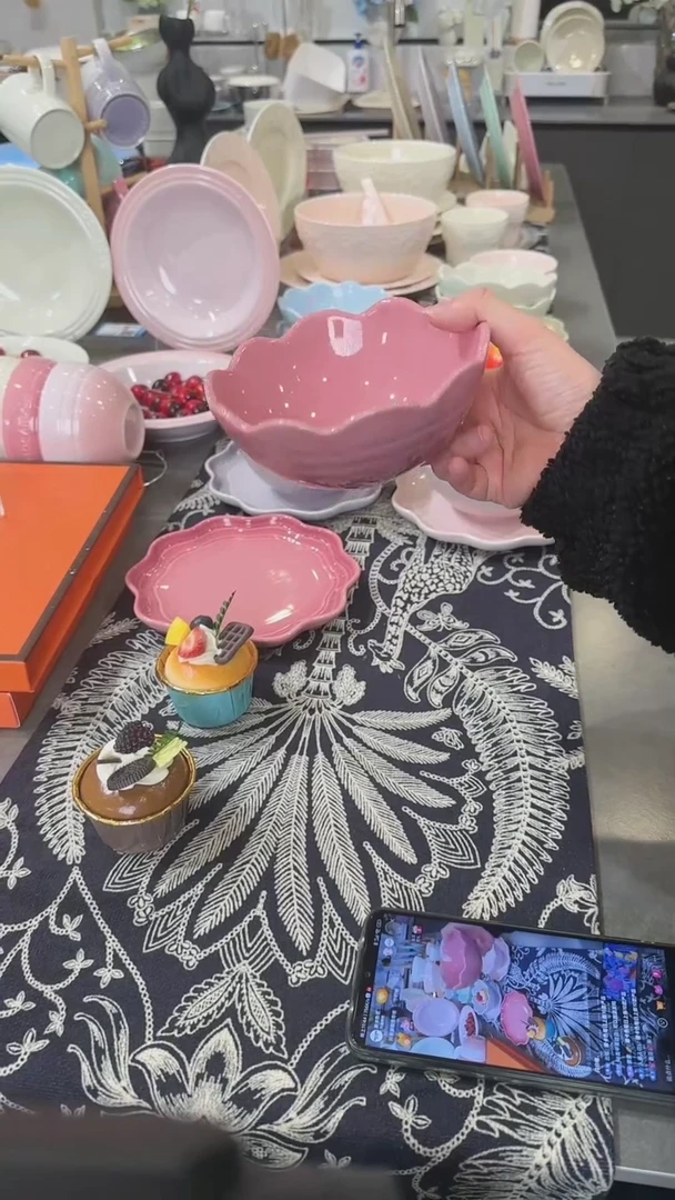 【闪购商品】瓷炻彩花边碗14CM-玫瑰粉