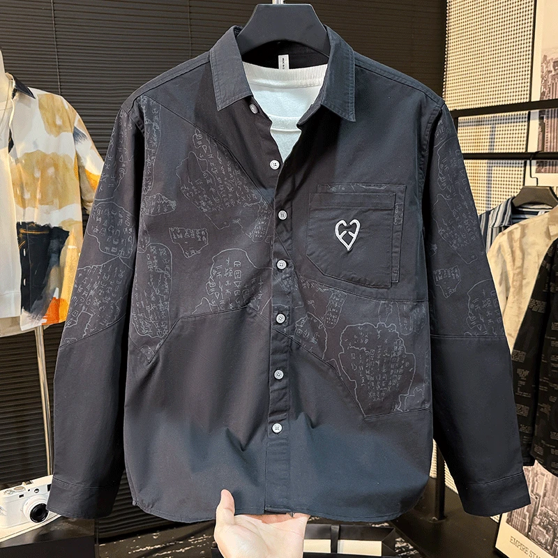 2025新款潮牌甲骨文印花衬衫男长袖春秋潮牌个性拼接撞色衬衣外套
