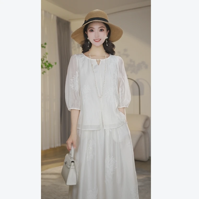 【婷婷甄选】25套装莱赛尔衬衣+裙子夏季新中式米杏色8592749上衣