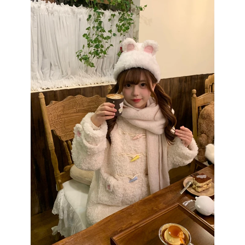 「小鸟自制」“甜兔熊”可爱软糯牛角扣熊耳毛毛外套～显瘦保暖