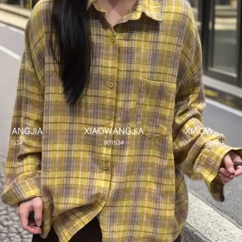 秋新款韩版宽松女款大码格子衬衫女长袖上衣纯欲慵懒风女装