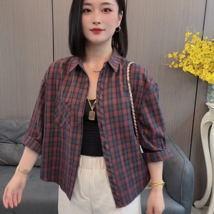 2025年宽松显瘦长袖简约翻领格子衬衫春秋季新款网红洋气炸街女装