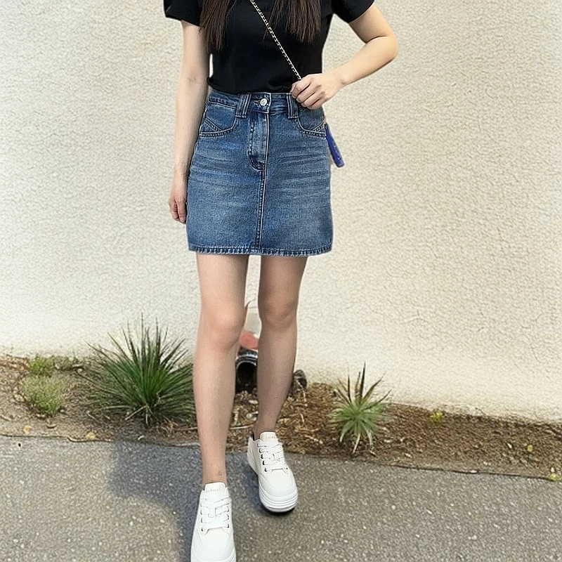 2025夏季女装牛仔裙高腰a字裙深蓝色显瘦显高百搭洋气防走光裙子