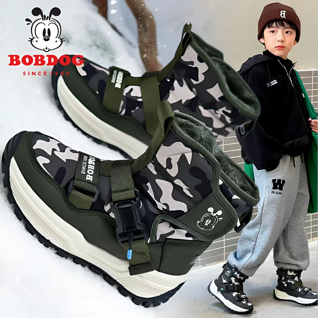 巴布豆男童雪地靴皮毛一体2025冬季儿童防水短靴防滑中大童大棉鞋