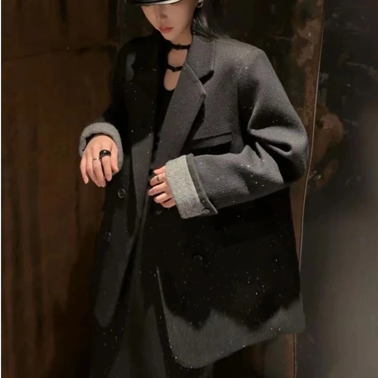 韩版细闪亮片毛呢加棉西装外套女冬季新款高级感加厚西服上衣潮