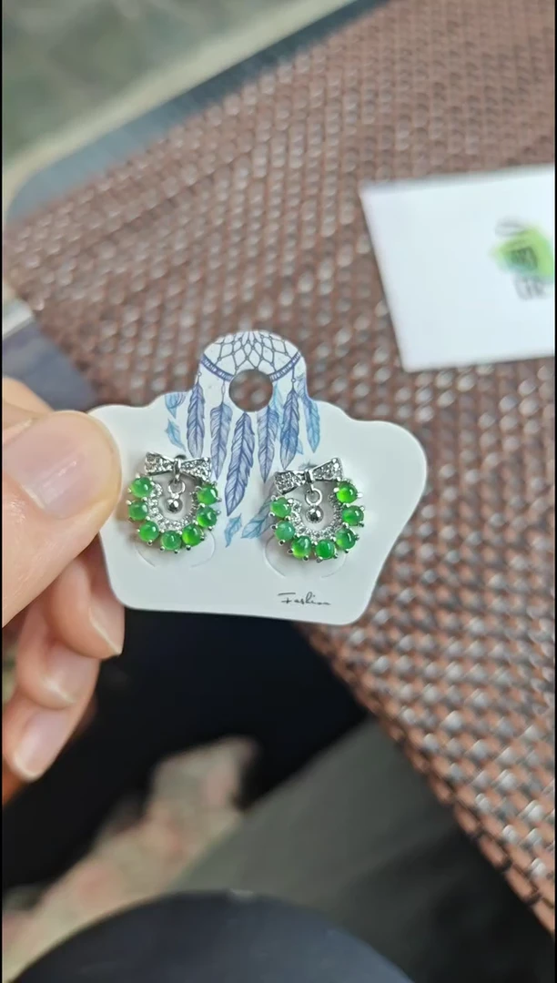 【闪购商品】翡翠耳饰银S925镶嵌翡翠耳饰S925银镶嵌