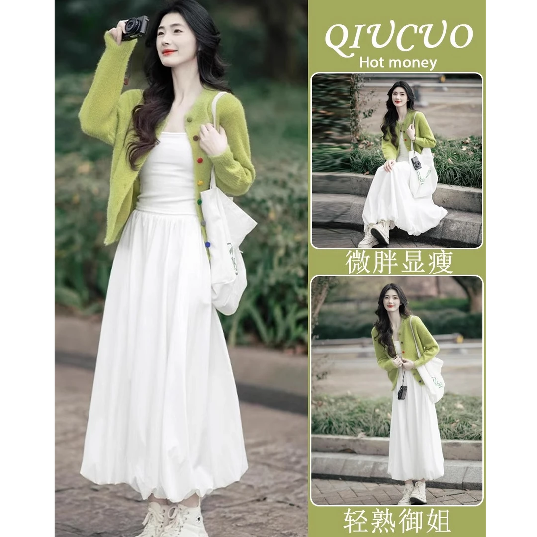 2025超火开春多巴胺盐系穿搭温柔风减龄显瘦针织开衫半身裙两件套