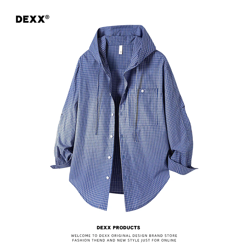 DEXX蓝色格子弯刀袖衬衫男廓形外套cleanfit长袖宽松时尚衬衣外套