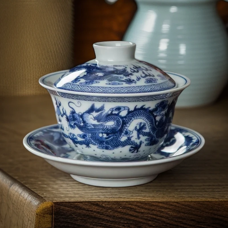 景德镇青花海水纹三才盖碗茶具