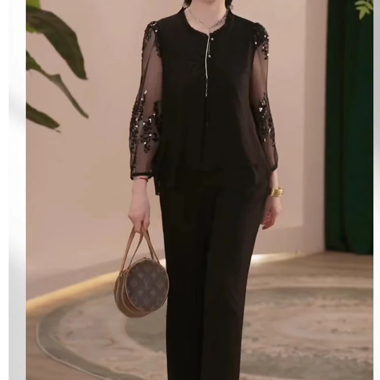 2025新款春夏妈妈装薄款时尚套装高端衬衣女装洋气减龄T恤两件套