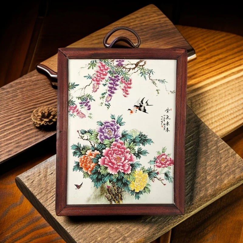 景德镇瓷板画紫气东来花鸟手工粉彩陶瓷实木边框37*29cm