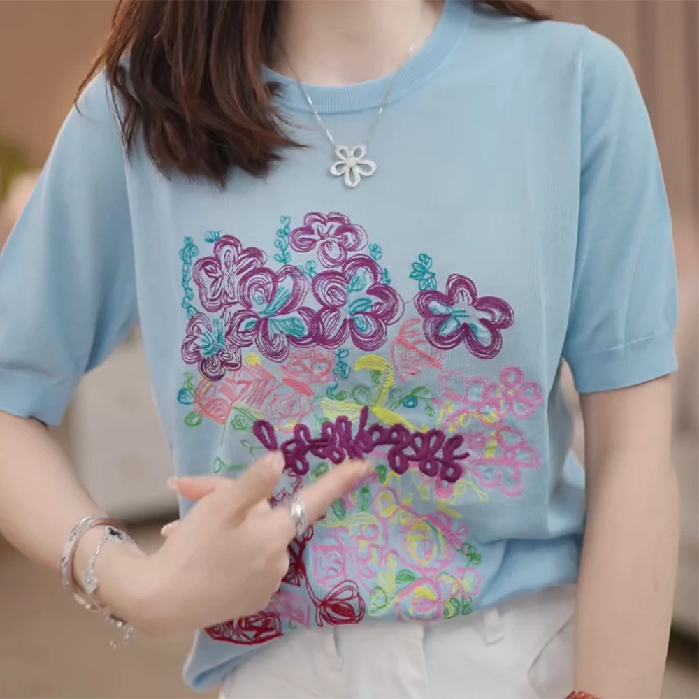 【花团锦簇】2025新款针织衫女百搭T恤夏季薄宽松圆领时尚