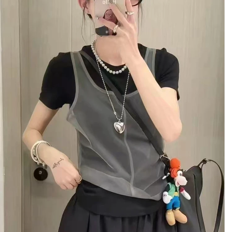 田子优选服饰#3409✔ 2025春季新款时尚洋气假两件休闲网纱T恤