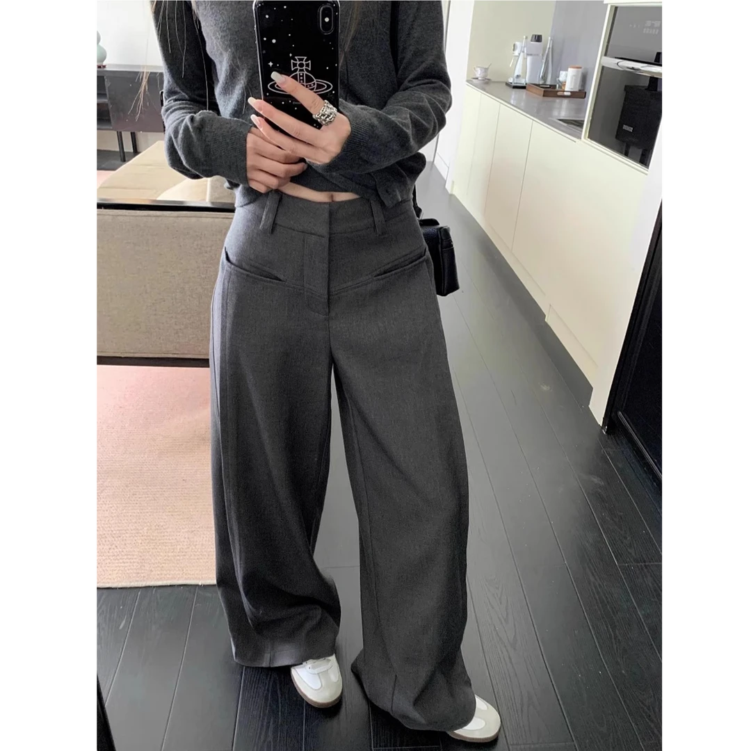 慵懒风垂感灰色西装裤休闲裤女秋季百搭高腰显瘦阔腿裤拖地长裤子