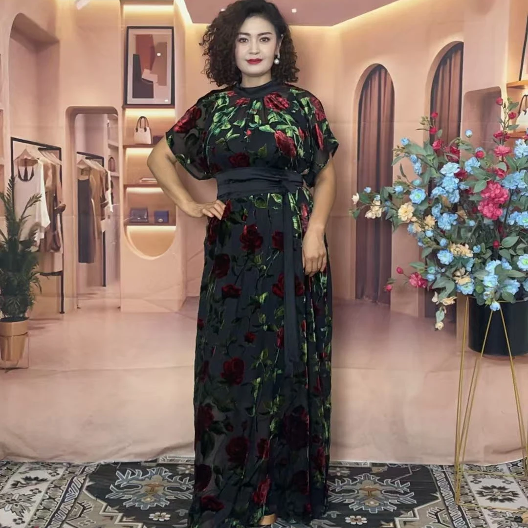 夏季街头风连衣裙高腰长裙花色复古旗袍提花时尚