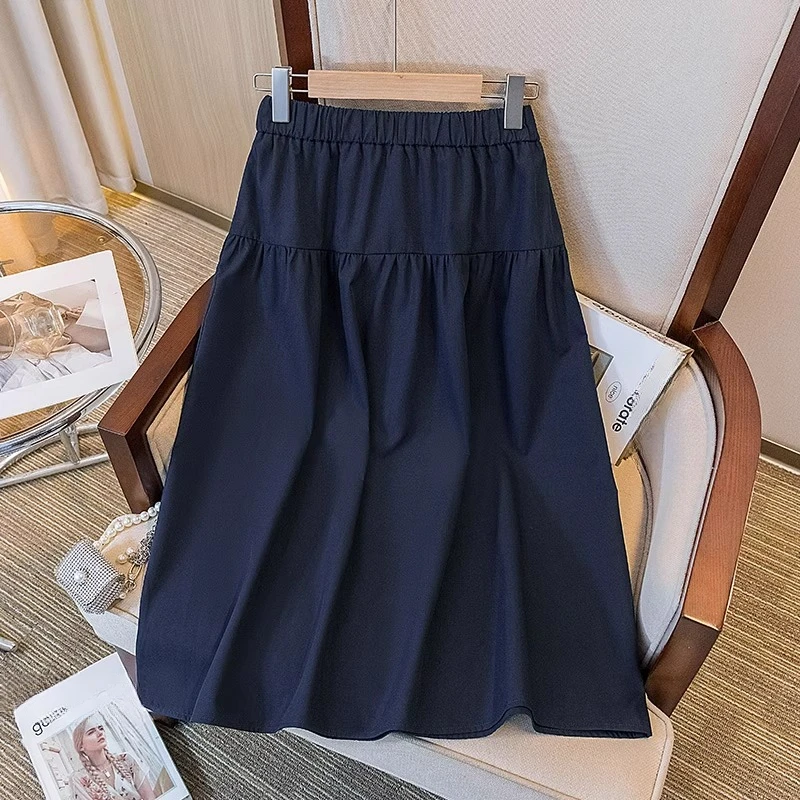 藏青色高腰显瘦半身裙女2025夏季新款大码胖mm小个子遮肚a字半裙