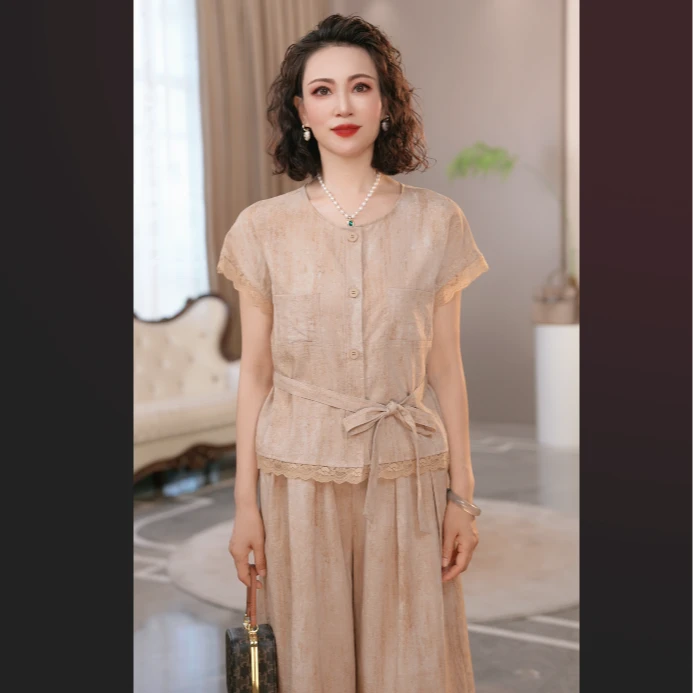 中年妈妈夏季套装2025新款洋气上衣服气质中老年女装两件套