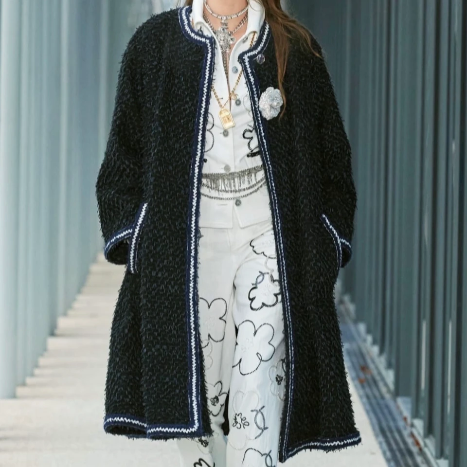 99新 Chanel/香奈儿 38码 黑色拼银色边 长袖长款 编织 外套