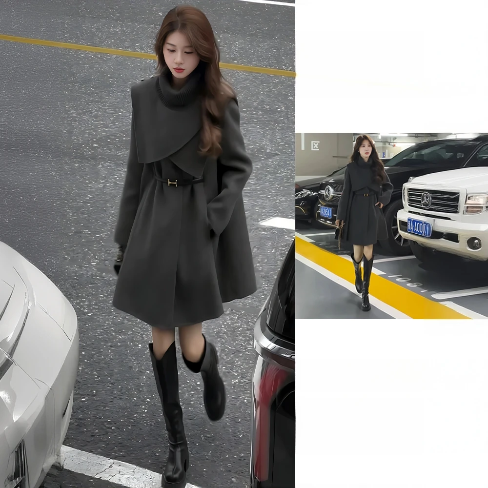 La babite2025冬新款可拆卸斗篷大衣中长款修身显瘦休闲短外套